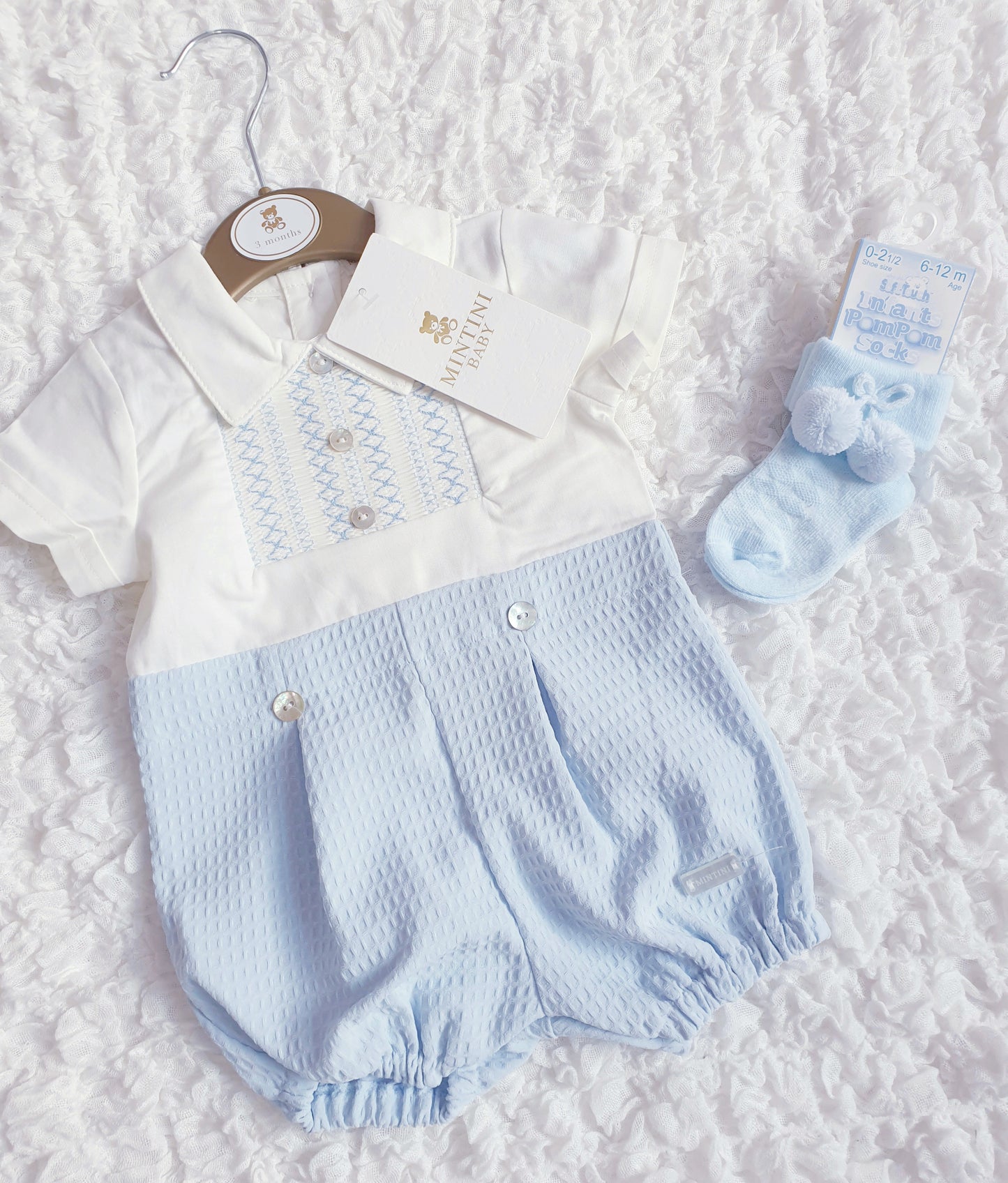 Boys Sky Blue Mintini Smocked Waffle Romper