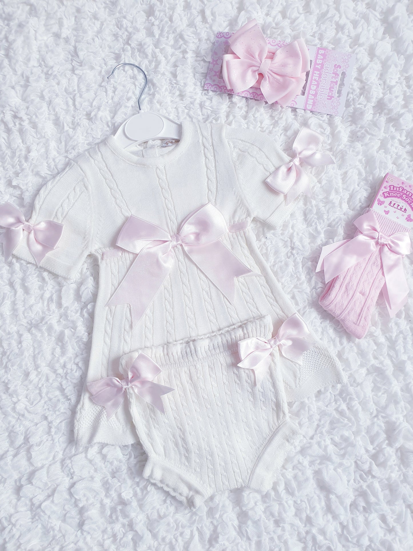 Girls Ivory Pink Ribbon Bow Knitted Jam Pants Set