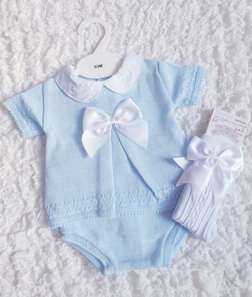 Baby Blue Knitted Bow Jam Pants Set