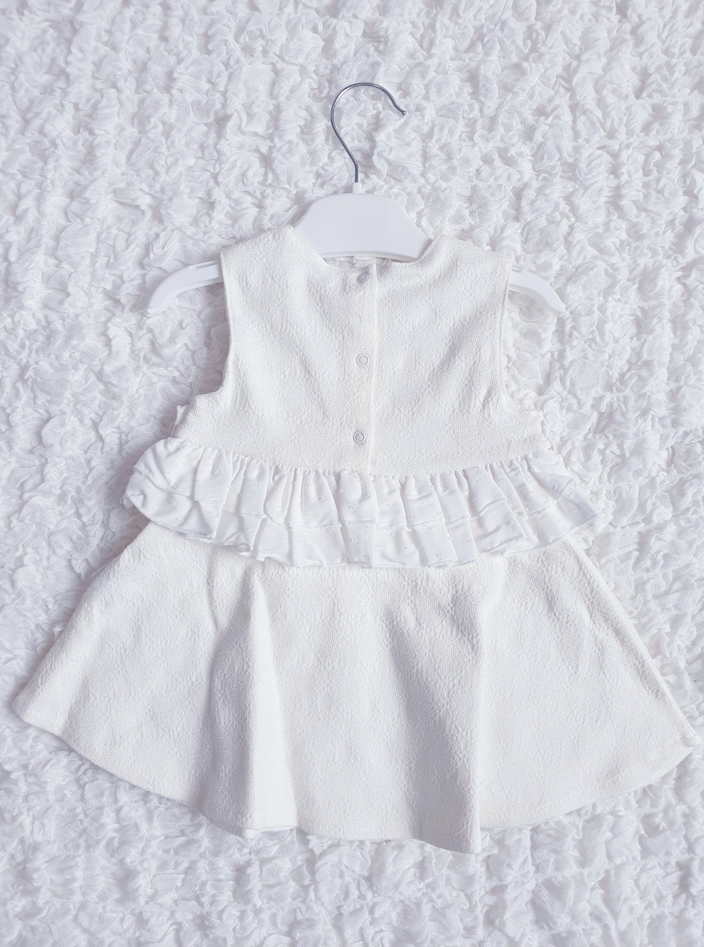 Girls Ivory Frilled Dress with Pink Ribbon Slot Bow