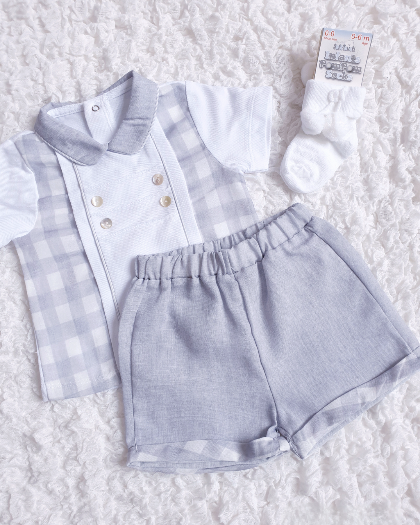 Boys Grey/White Checked Shorts Set