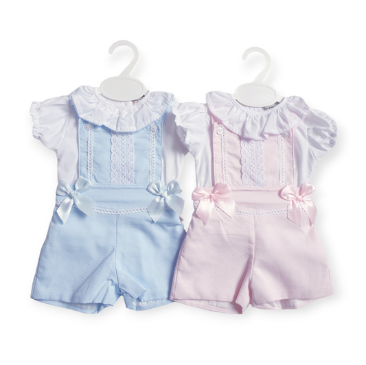 Girls Spanish Pink/Blue Short Dungaree Set