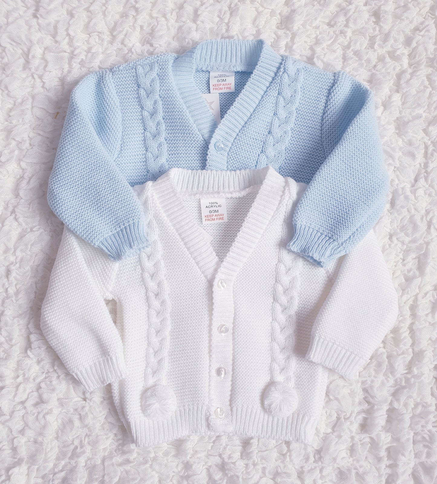 Baby Boys White/Blue Pom Pom Cardigan