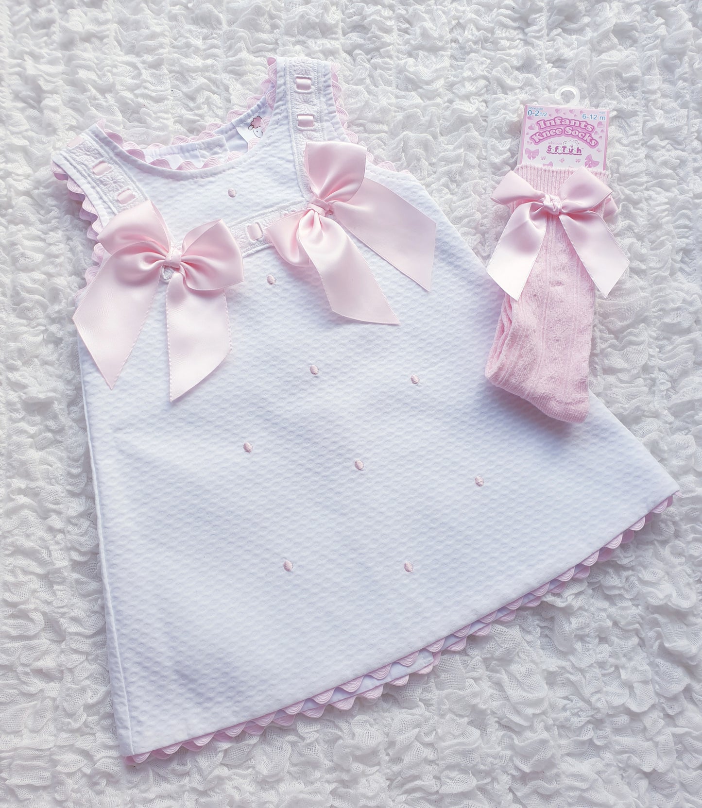 Girls White/Pink Double Bow Wee Me Waffle Dress