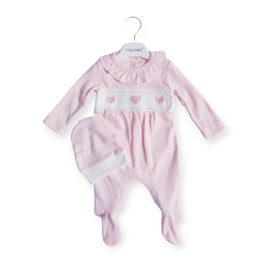 Baby Girls Pink Hearts Babygrow & Hat