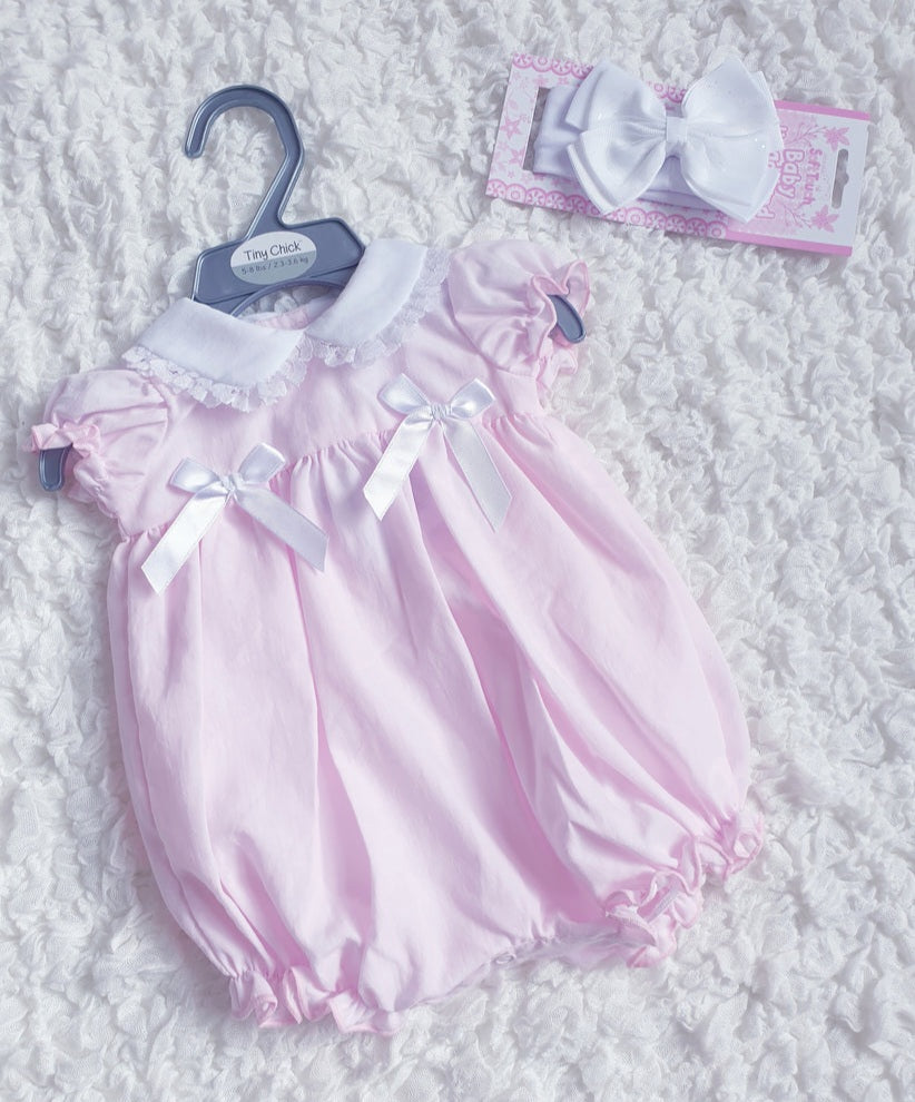 Baby Girls Pink Bows & Lace Romper 3-5/5-8lbs