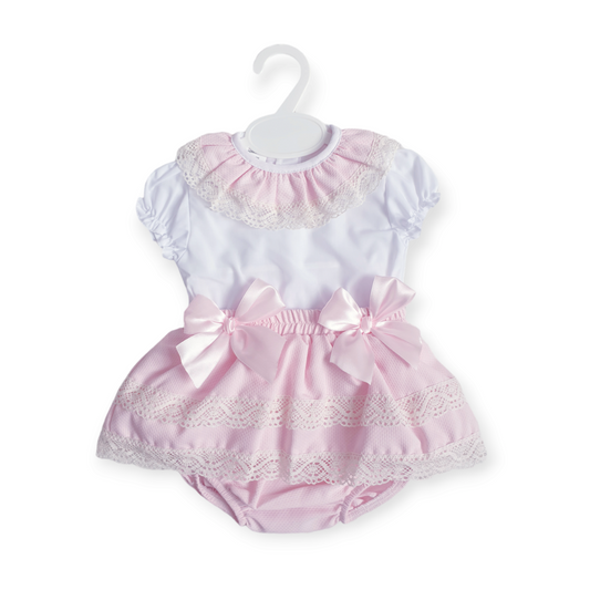 Girls Spanish Pink Skirt & Frilly Collar Blouse Set