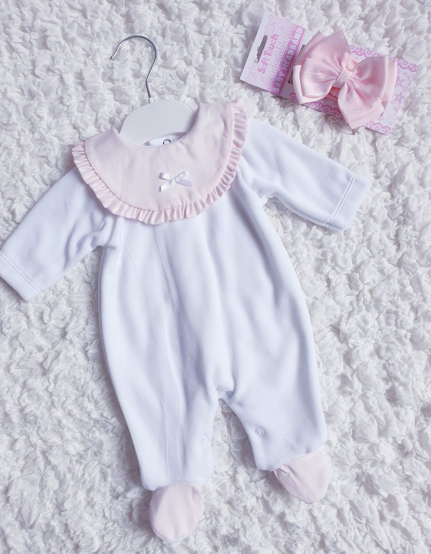 Baby Girls White/Pink Velour Babygrow