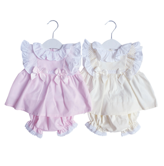 Girls Pink/Lemon Smocked Frill Dress & Bloomers