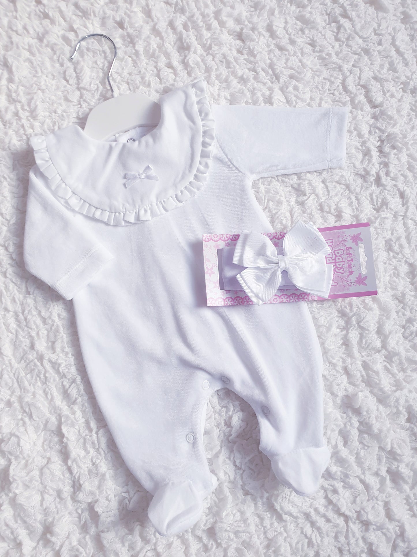 Baby Girls Spanish White Velour Babygrow