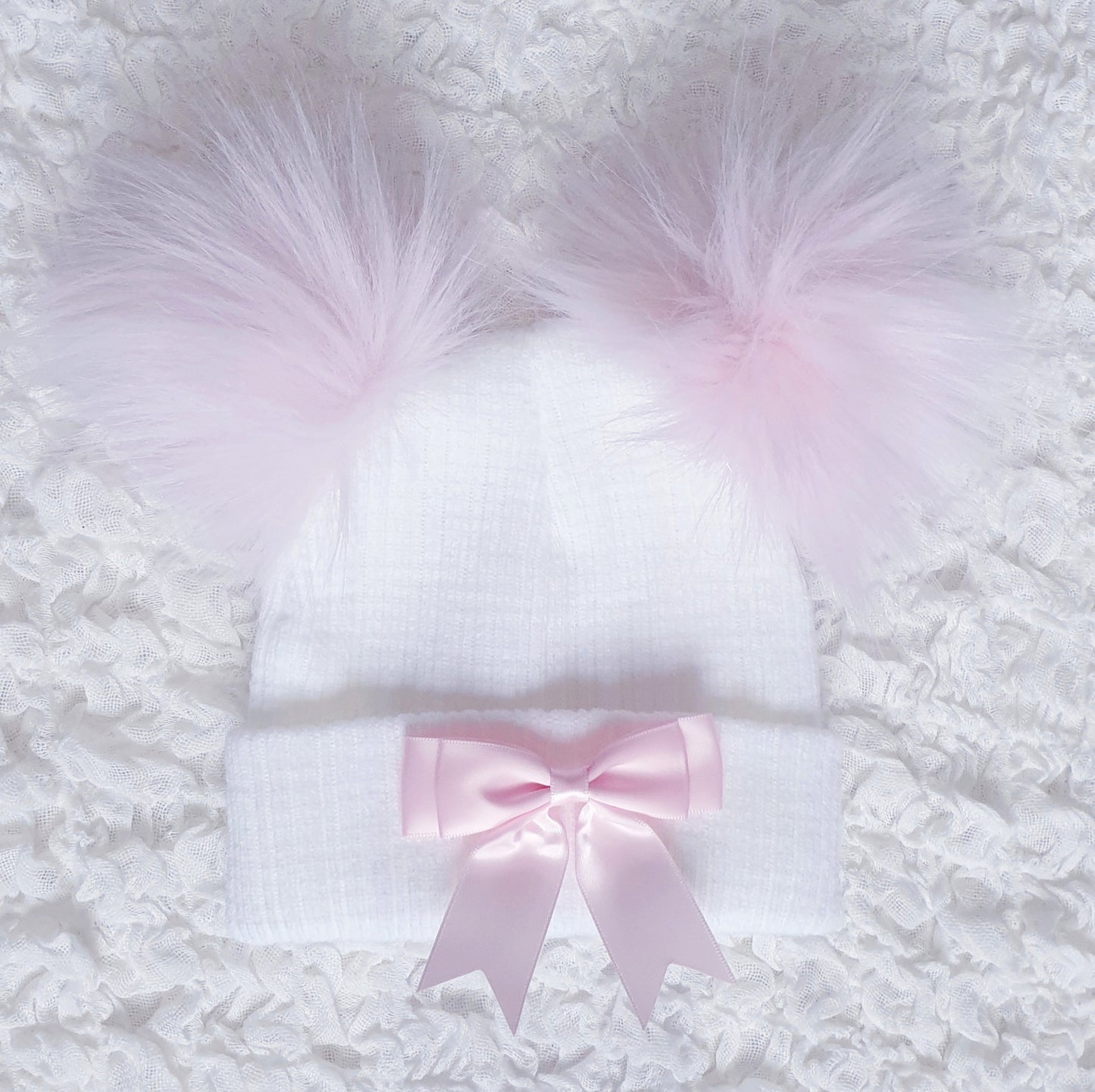 White/Pink Double Pom Pom Hat with Pink Bow