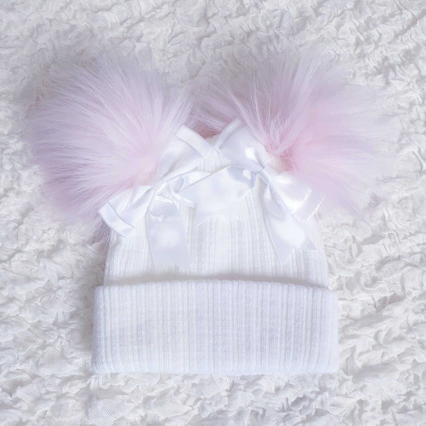 White/Pink Double Pom Pom Hat with White Bows