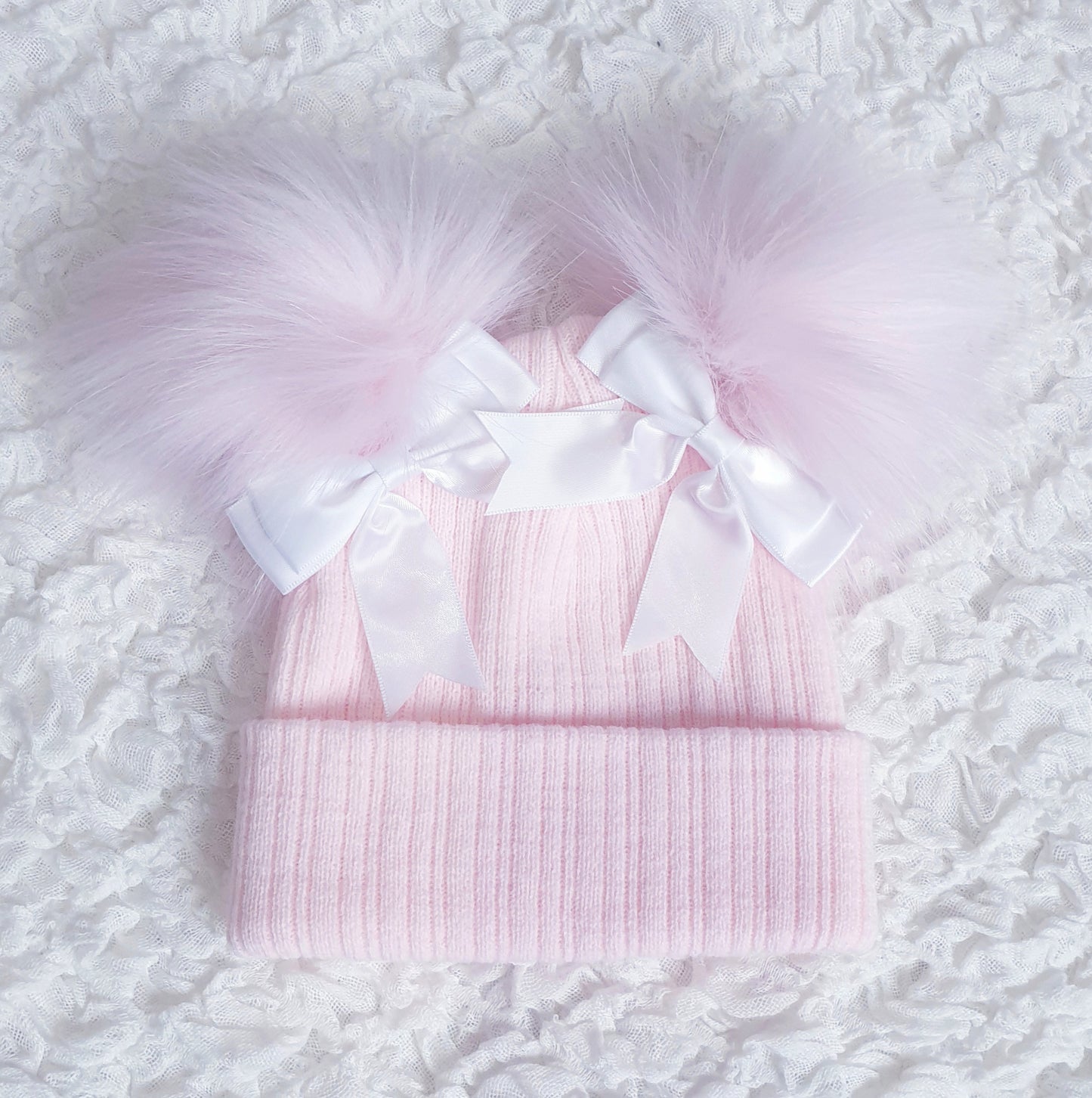 Pink Double Pom Pom Hat with White Bows