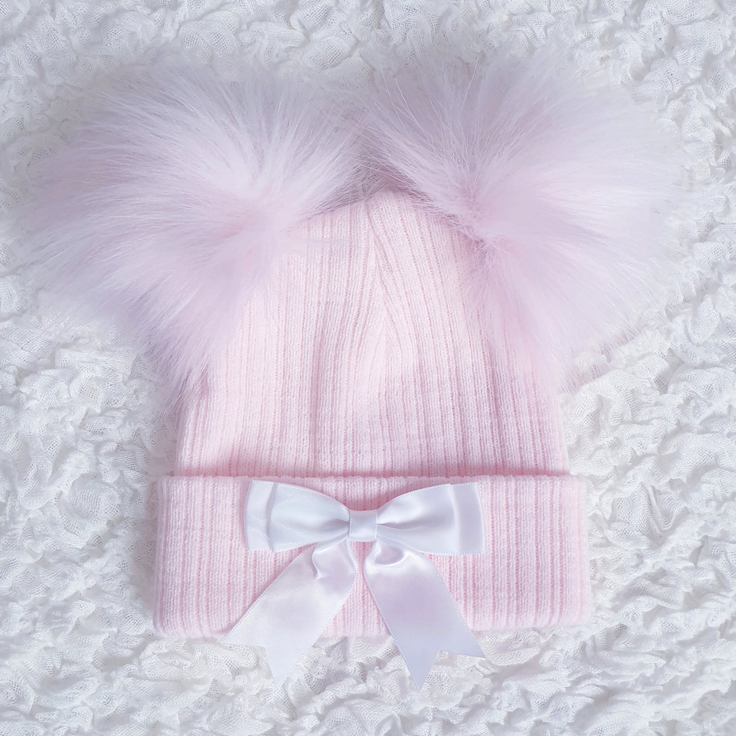 Pink Double Pom Pom Hat with White Bow