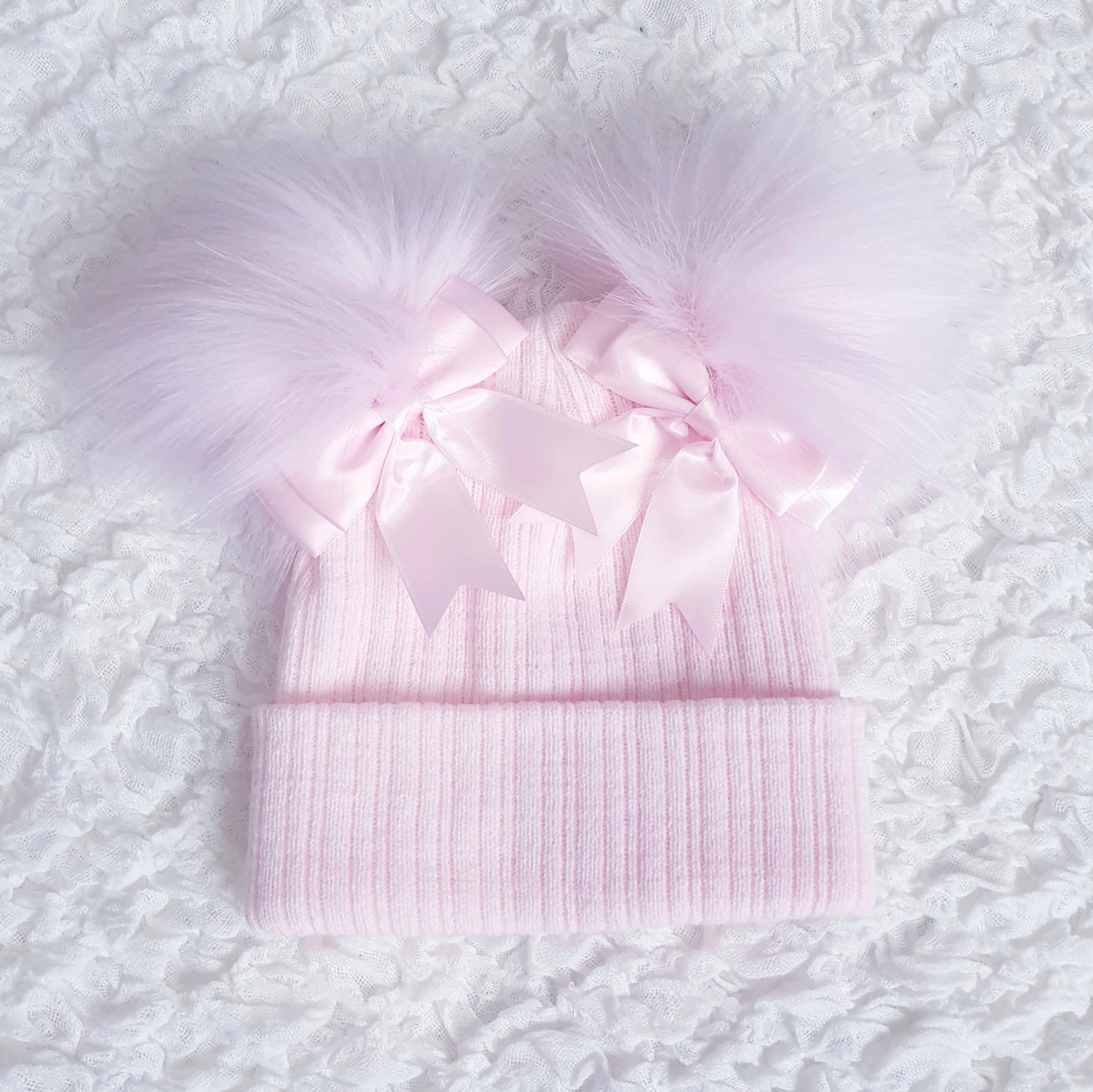 Pink Double Pom Pom Hat with Pink Bows