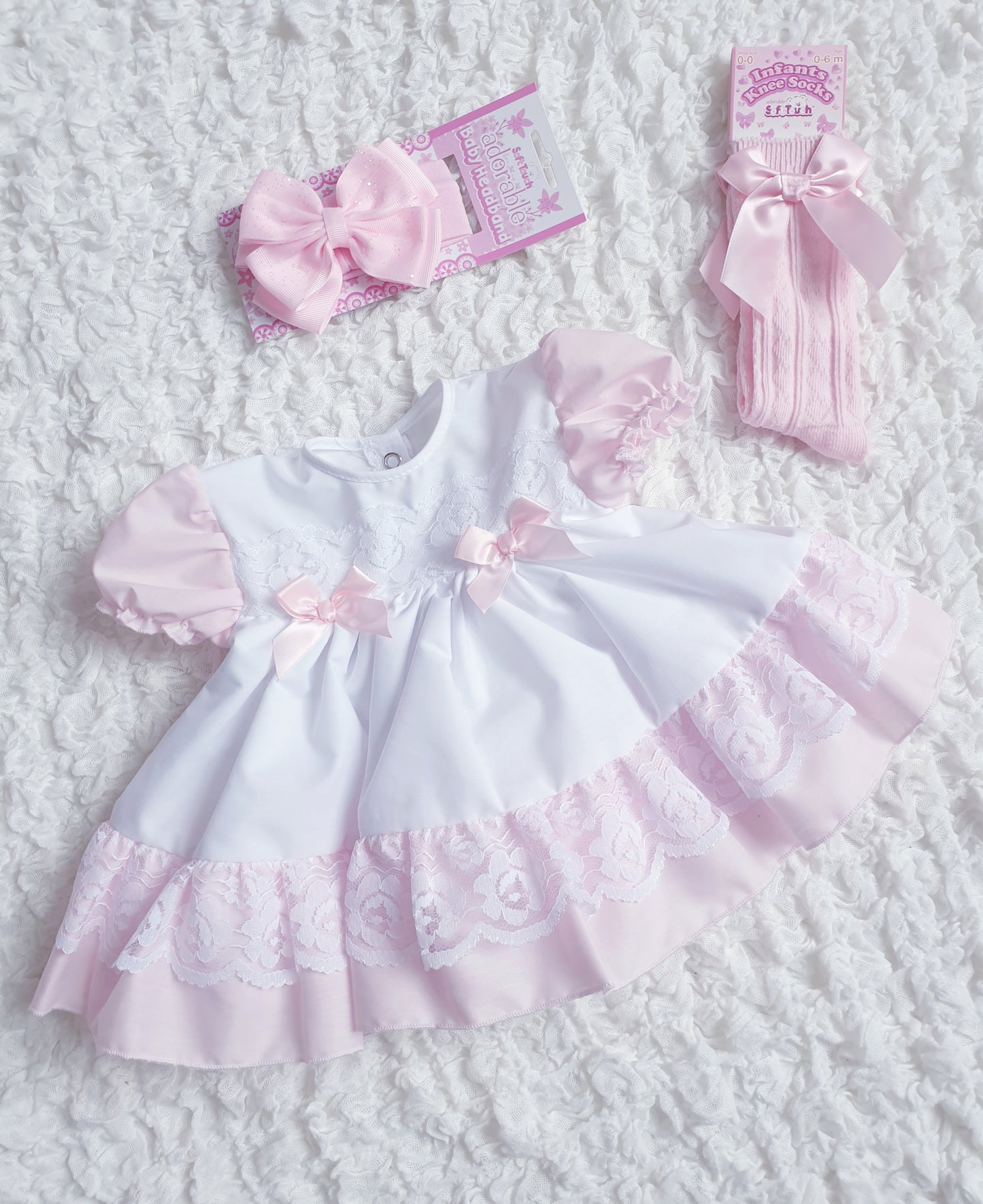 Baby Girls White Pink Lace & Bows Puff Ball Dress