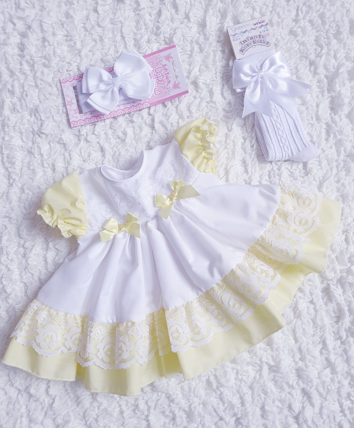 Baby Girls White/Lemon Lace & Bows Puff Ball Dress