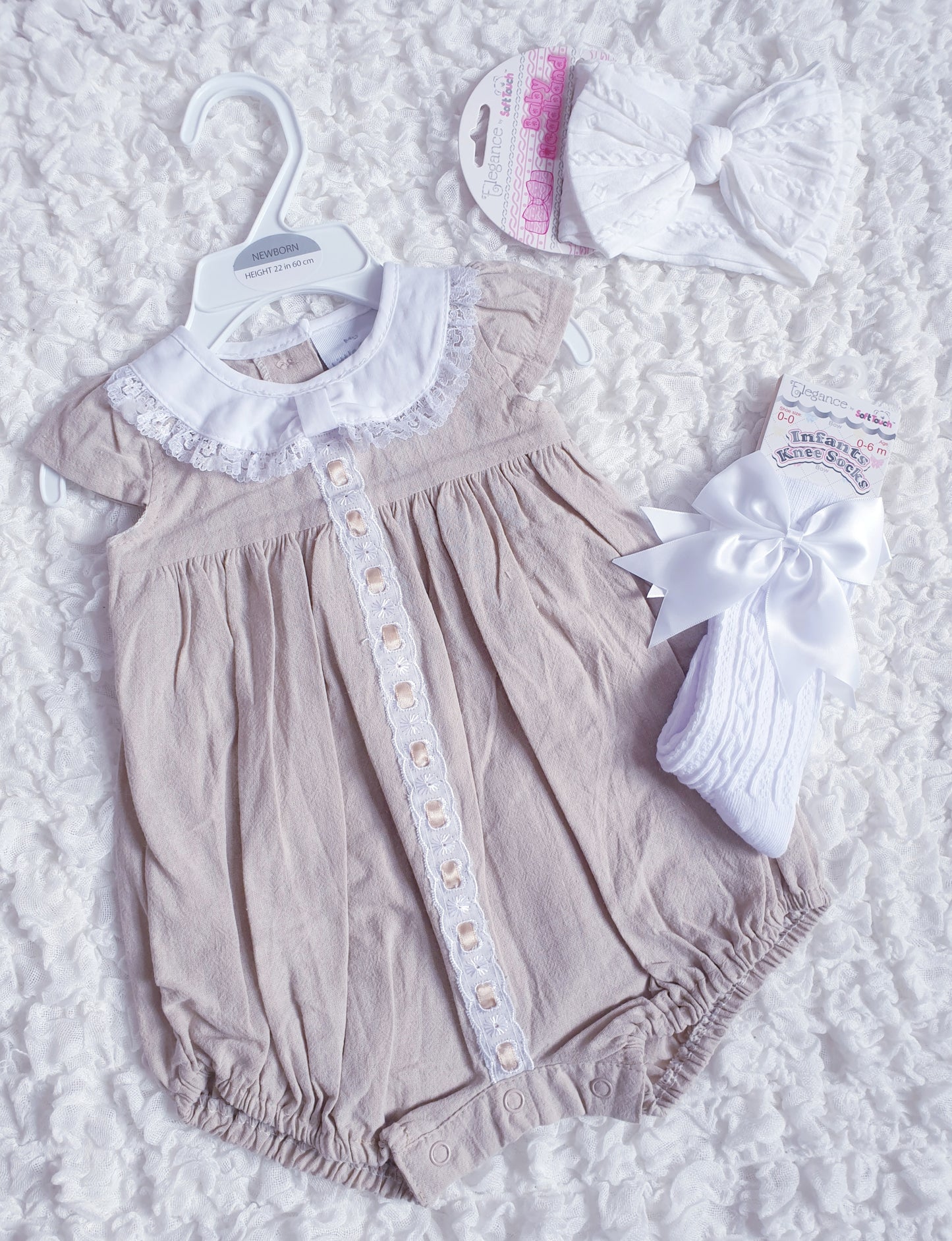 Baby Girls Beige Ribbon Slot Romper