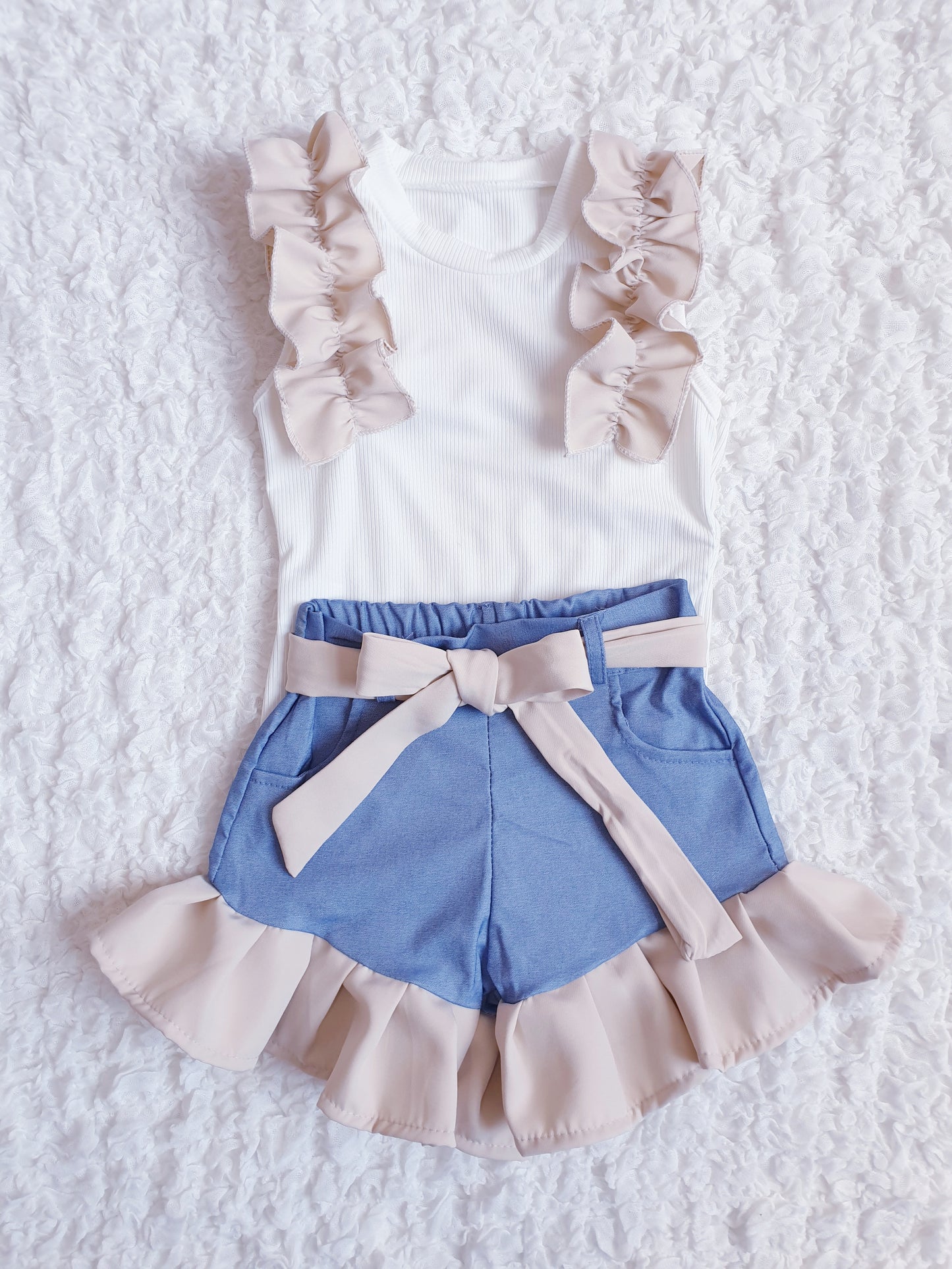 Girls Beige Ruffle Shorts Set - Small Sizing