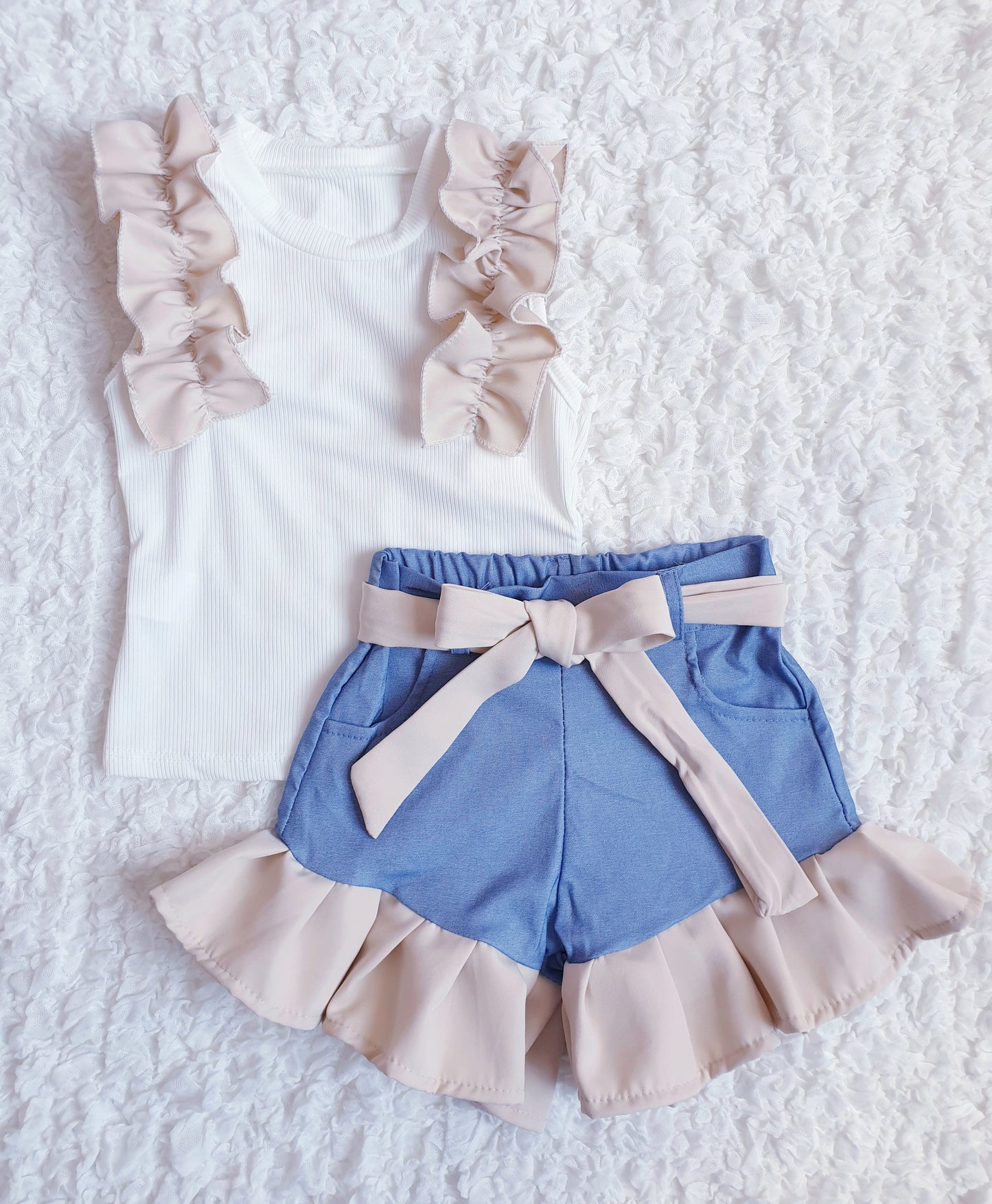 Girls Beige Ruffle Shorts Set - Small Sizing
