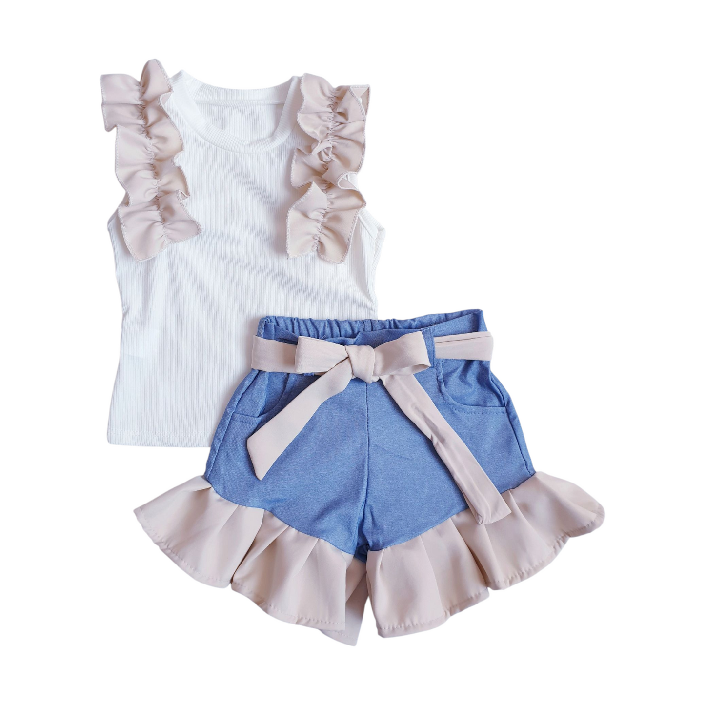 Girls Beige Ruffle Shorts Set - Small Sizing