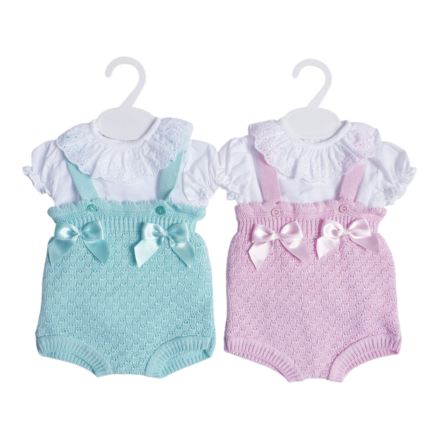Baby Girls Mint/Pink Spanish Knitted Double Bow Romper