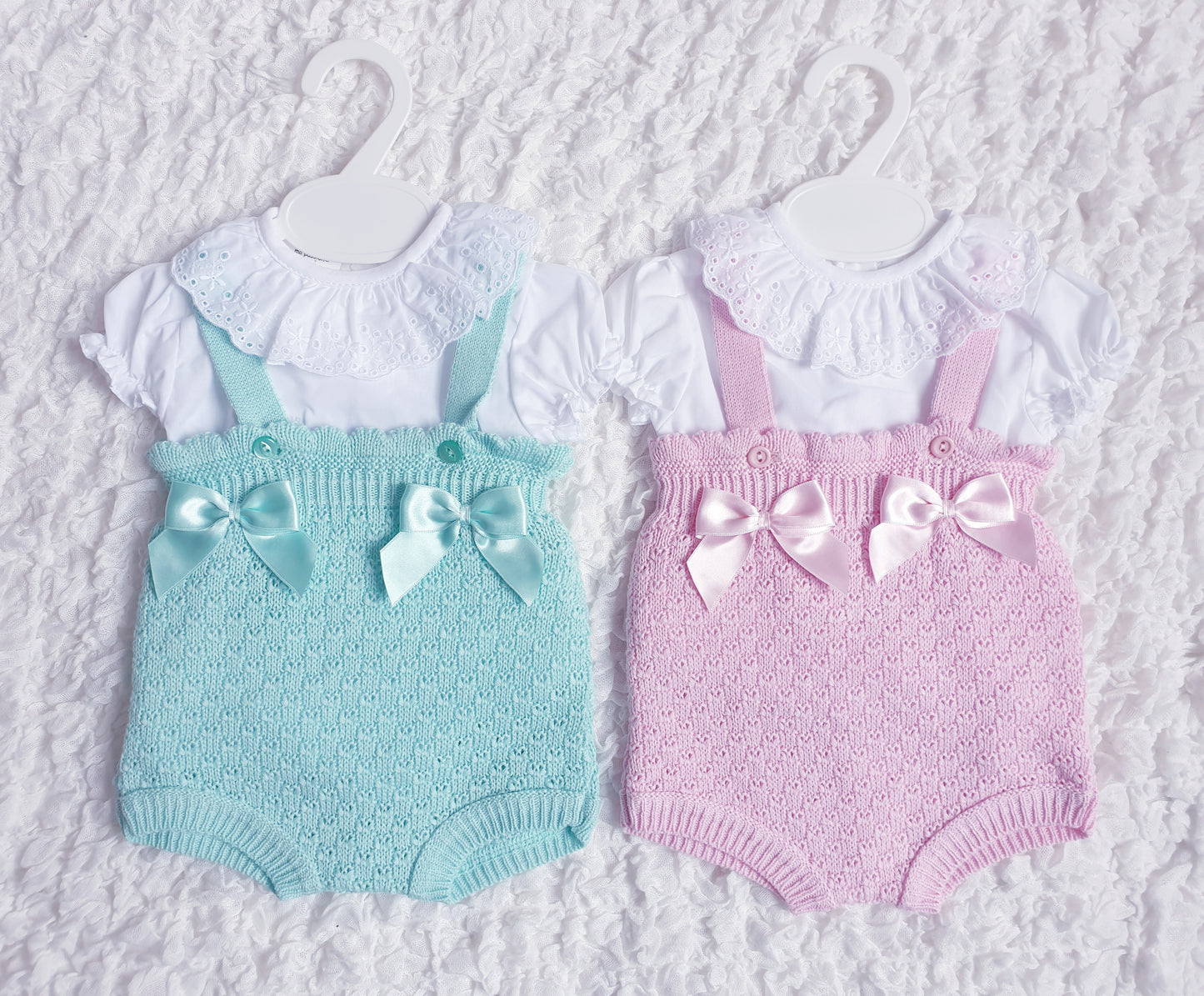 Baby Girls Mint/Pink Spanish Knitted Double Bow Romper