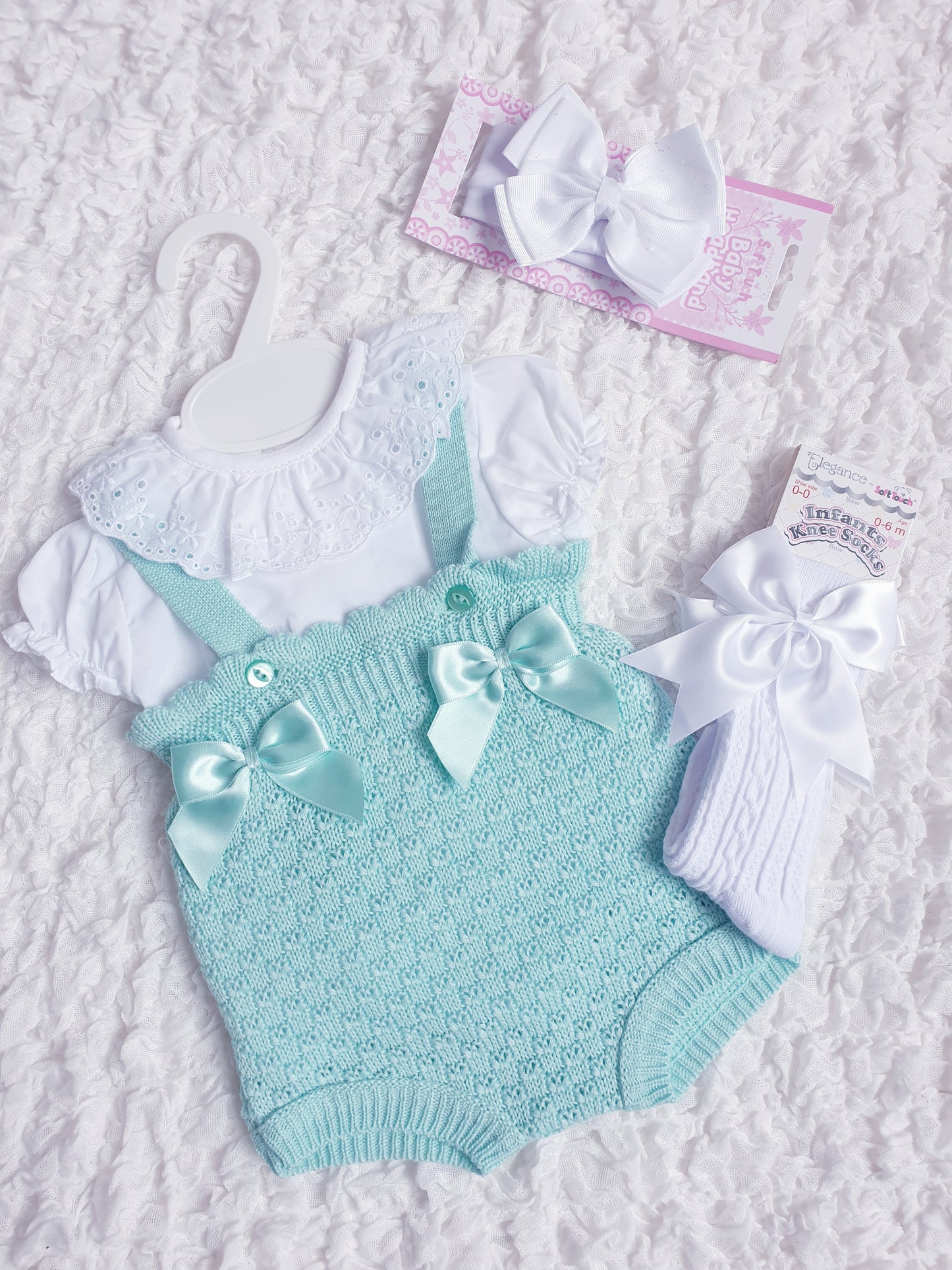 Baby Girls Mint/Pink Spanish Knitted Double Bow Romper