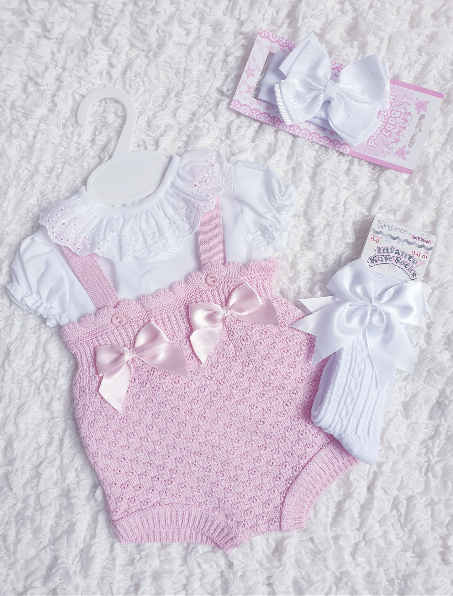 Baby Girls Mint/Pink Spanish Knitted Double Bow Romper