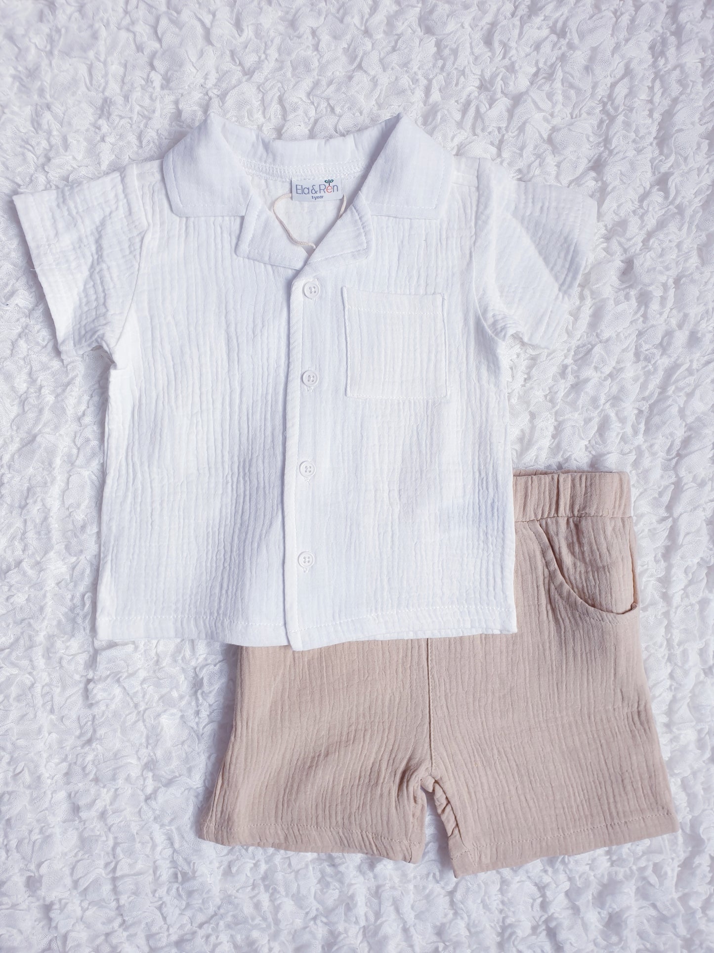 Boys White Shirt & Beige Shorts Set