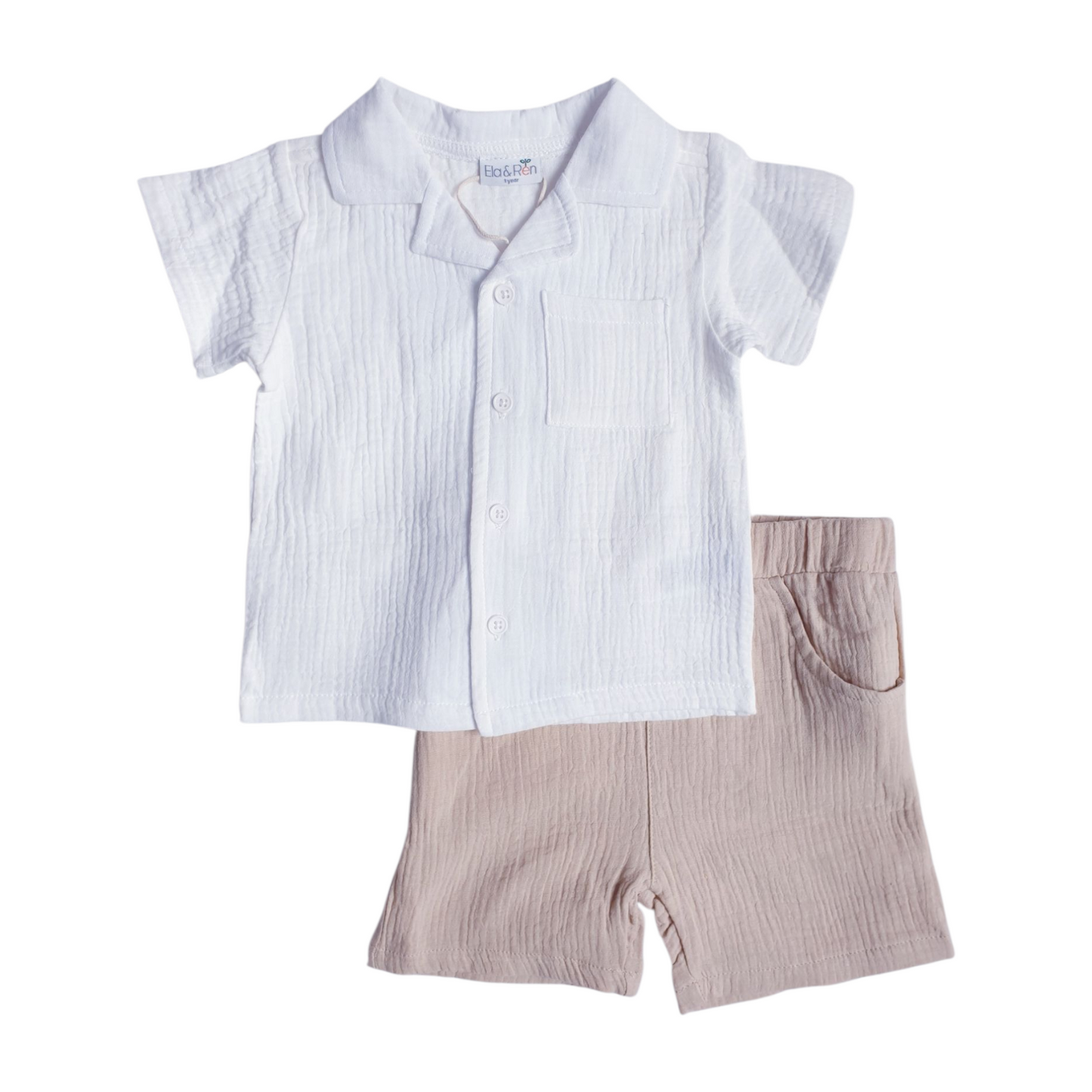 Boys White Shirt & Beige Shorts Set