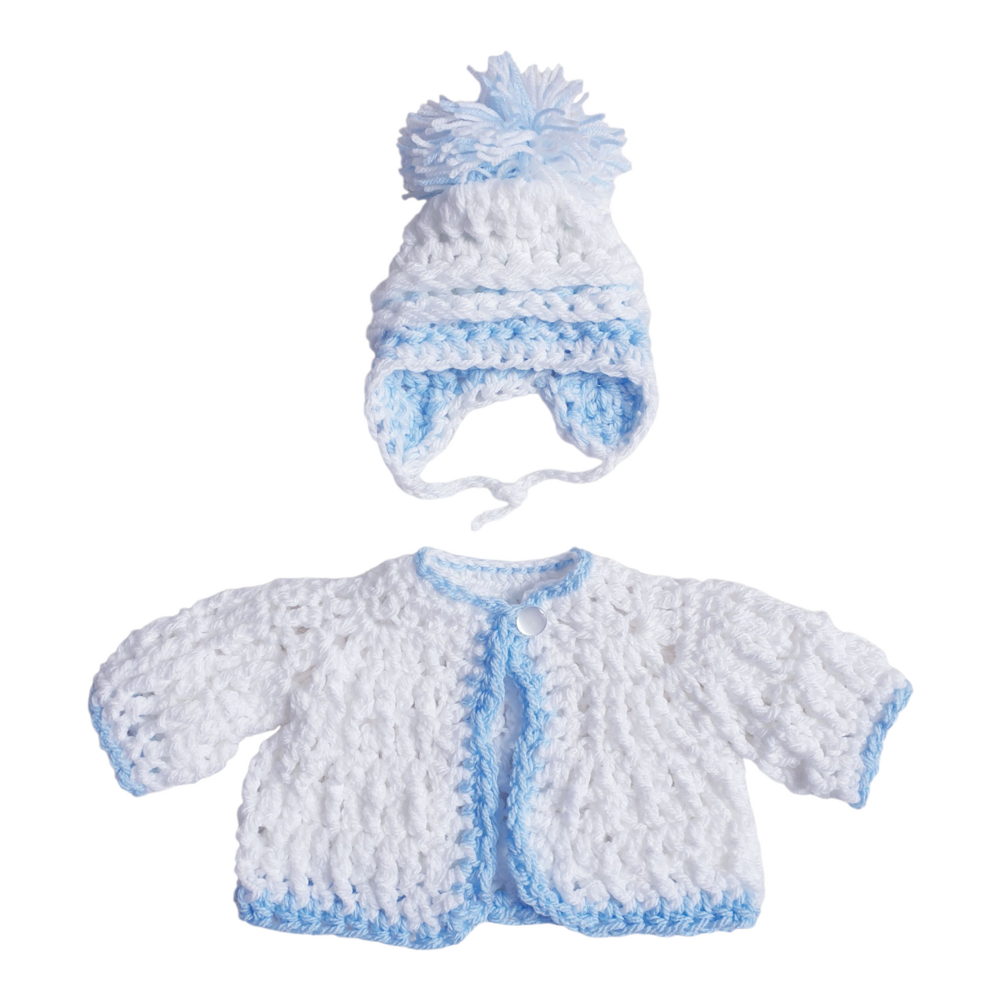 Baby Boys Newborn White/Blue Hand Knitted Cardigan & Hat Set