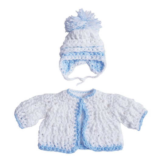 Baby Boys Newborn White/Blue Hand Knitted Cardigan & Hat Set