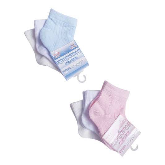 Ribbed Ankle Socks 3Pk Pink or Blue/White/Cream