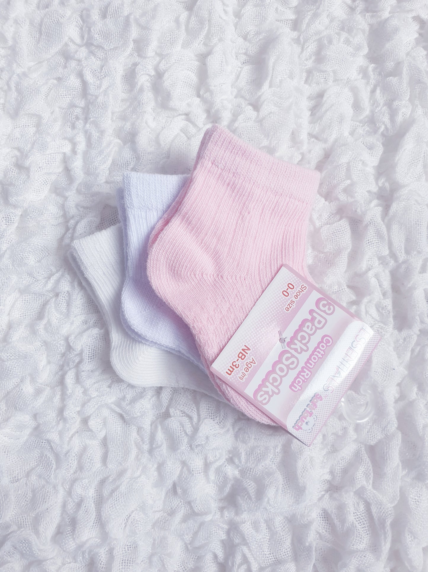 Ribbed Ankle Socks 3Pk Pink or Blue/White/Cream