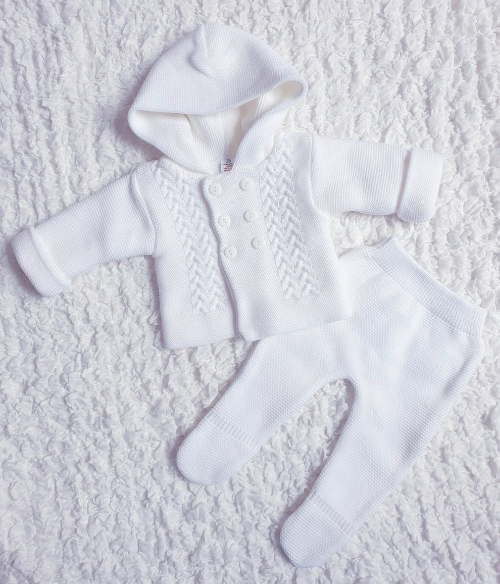 Baby Blue/White Double Knitted Hooded Jacket & Trouser Set