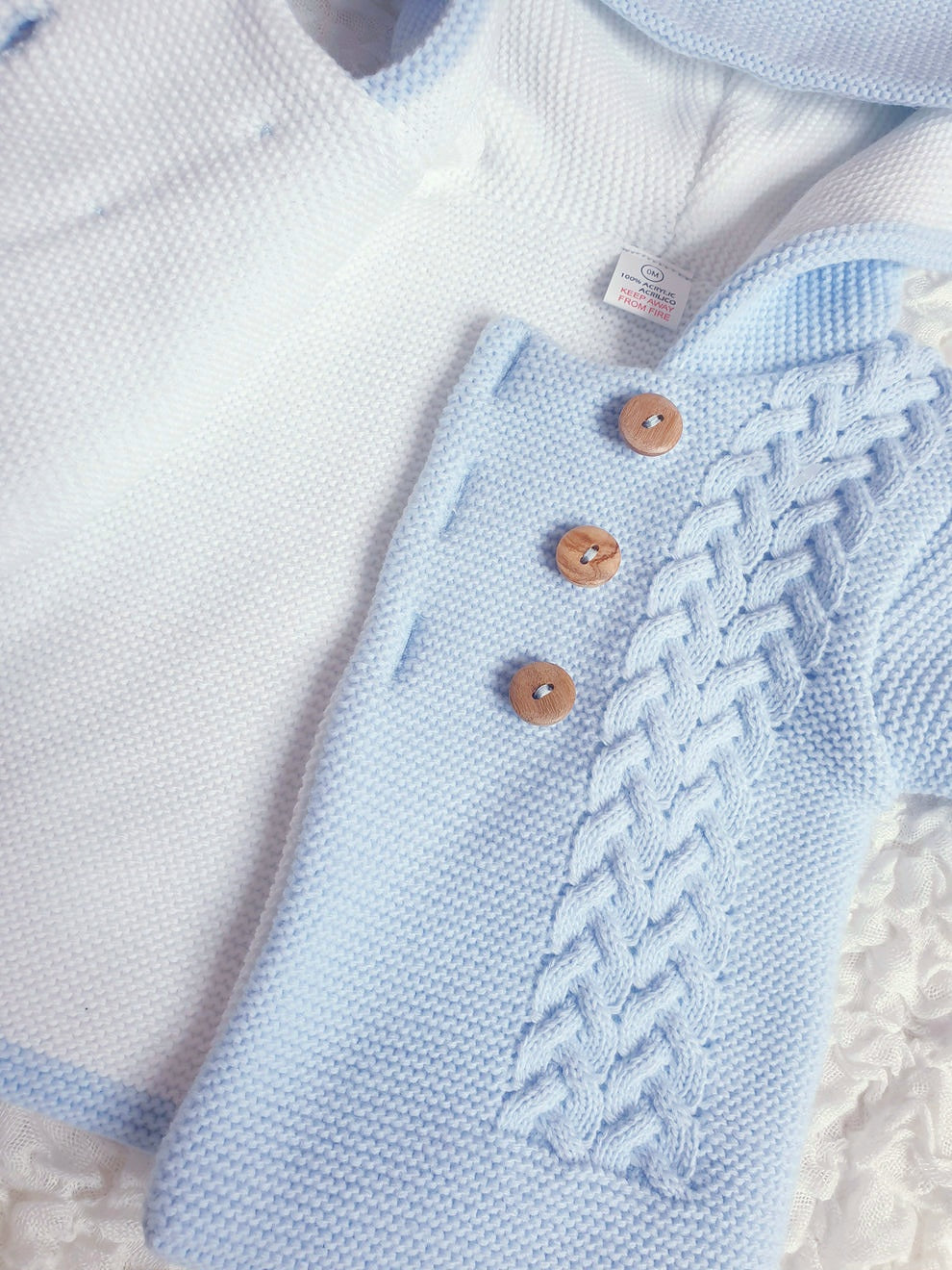 Baby Blue/White Double Knitted Hooded Jacket & Trouser Set