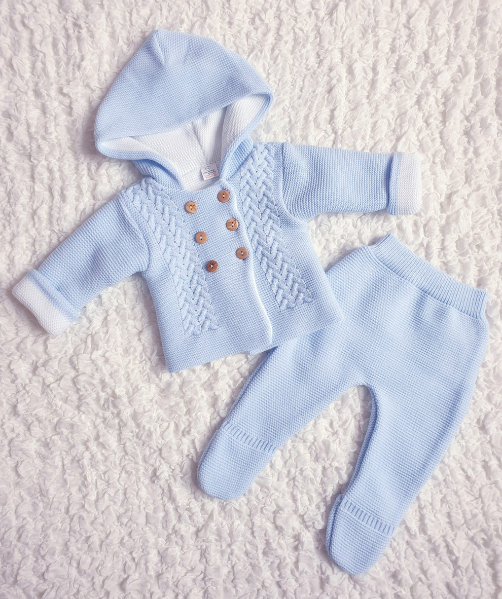 Baby Blue/White Double Knitted Hooded Jacket & Trouser Set