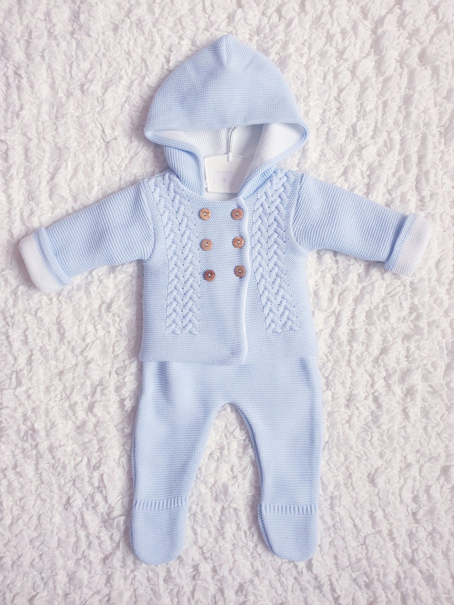 Baby Blue/White Double Knitted Hooded Jacket & Trouser Set