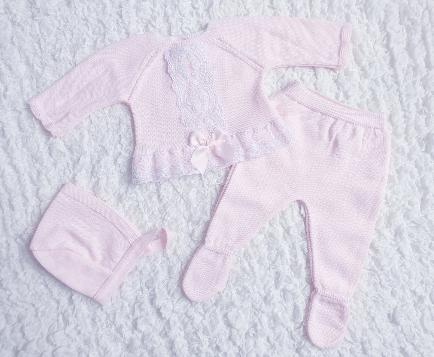 Baby Girls Pink Spanish Lace & Bow Knitted Set