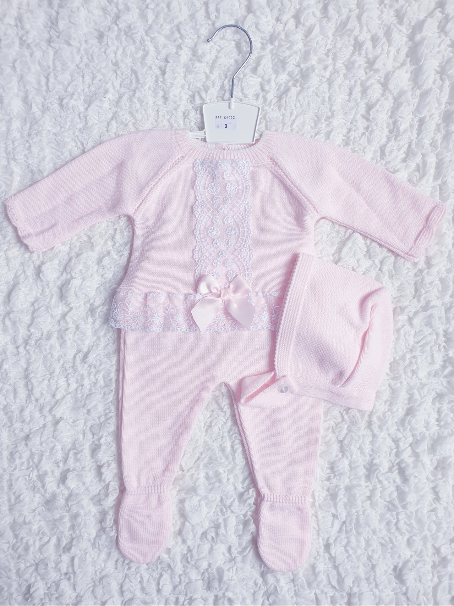 Baby Girls Pink Spanish Lace & Bow Knitted Set