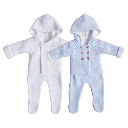 Baby Blue/White Double Knitted Hooded Jacket & Trouser Set