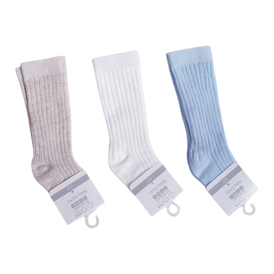 Ribbed Knee High Socks White/Blue/Beige