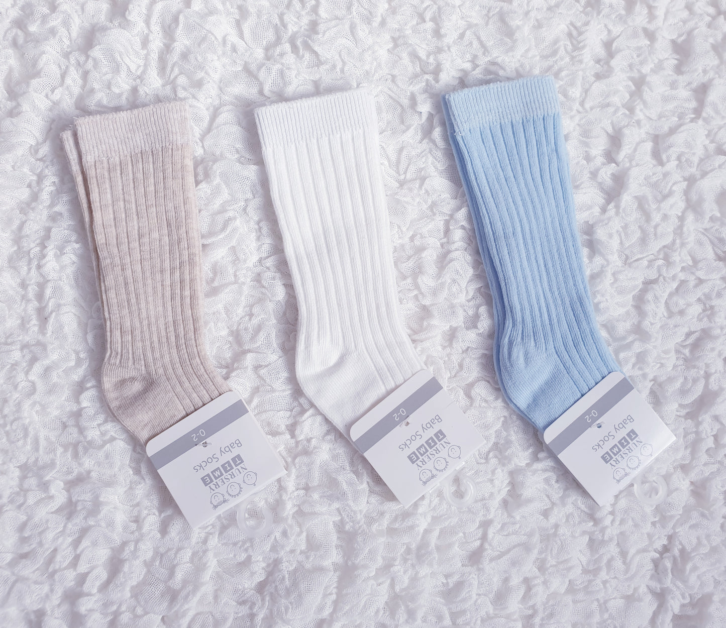 Ribbed Knee High Socks White/Blue/Beige