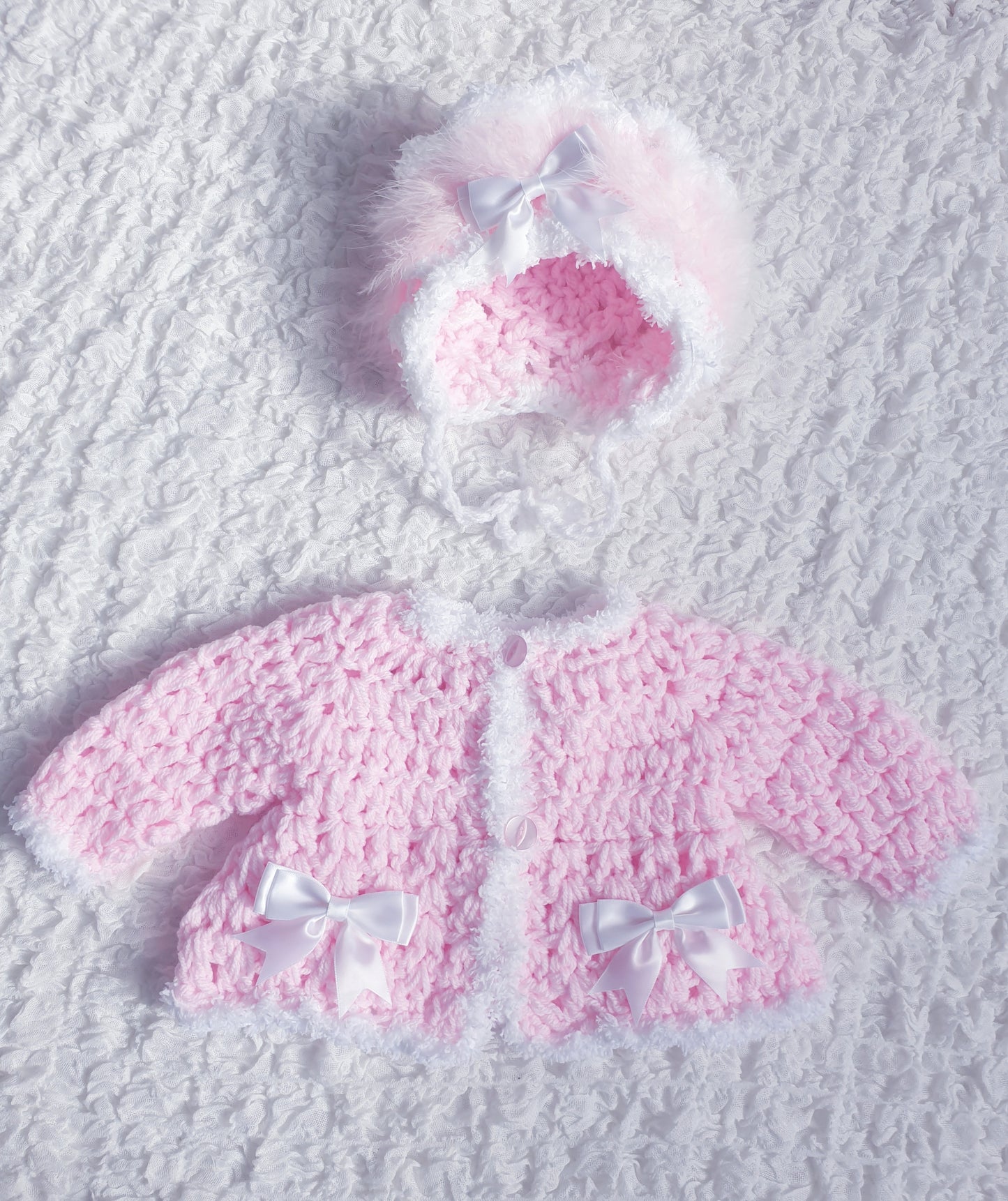 Baby Girls Pink/White Hand Knitted Cardigan & Hat Set