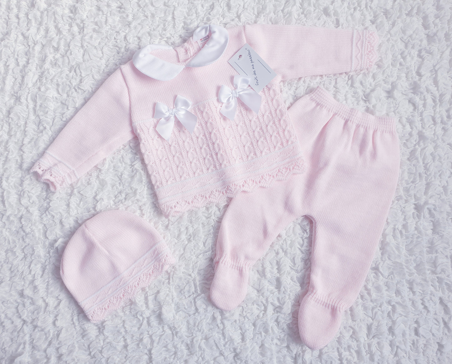 Baby Girls Spanish Pink Bow Knitted 3 Piece Set