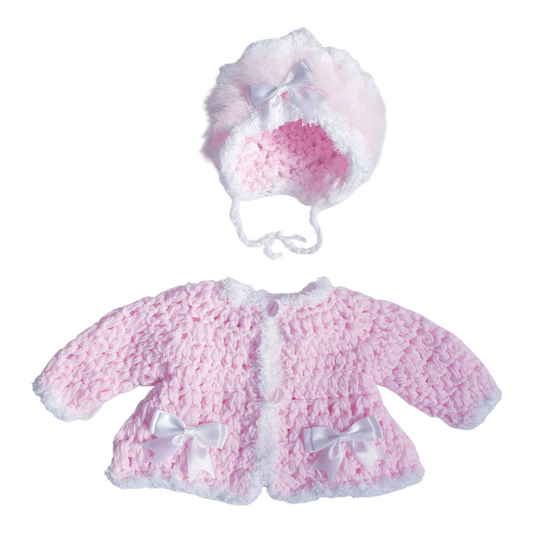 Baby Girls Pink/White Hand Knitted Cardigan & Hat Set