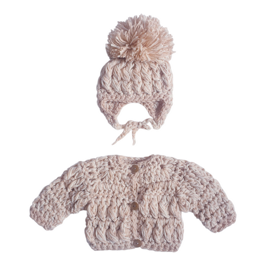 Light Brown Baby Hand Knitted Cardigan & Hat Set 0-3 Months