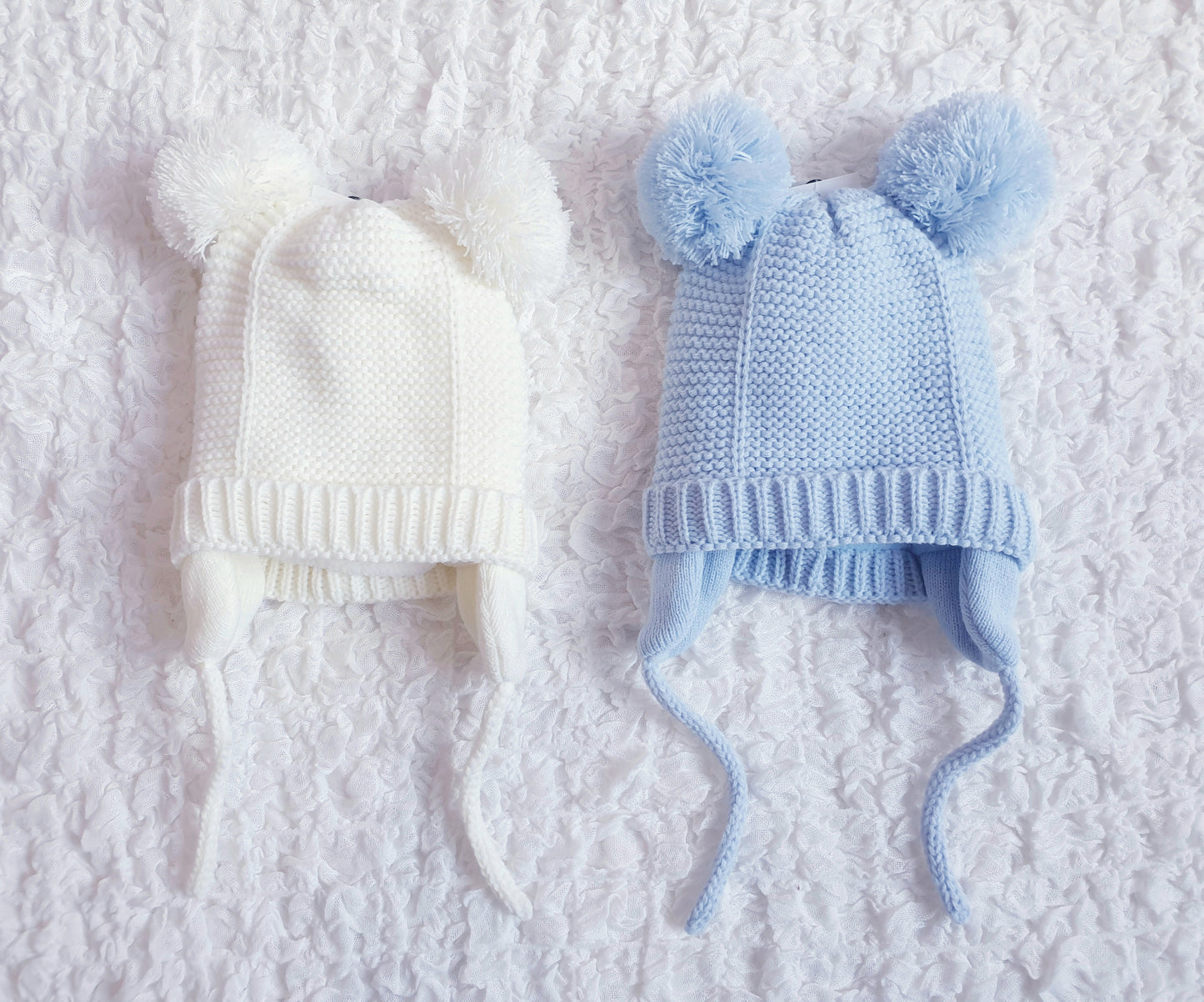 Baby Knitted Double Pom Pom Hat Cream/Blue
