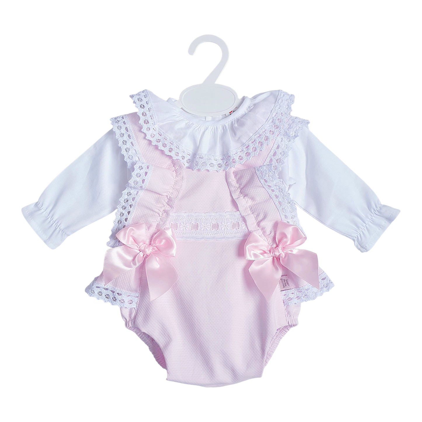 Girls Spanish Pink Double Bow Romper & Frilly Collar Blouse